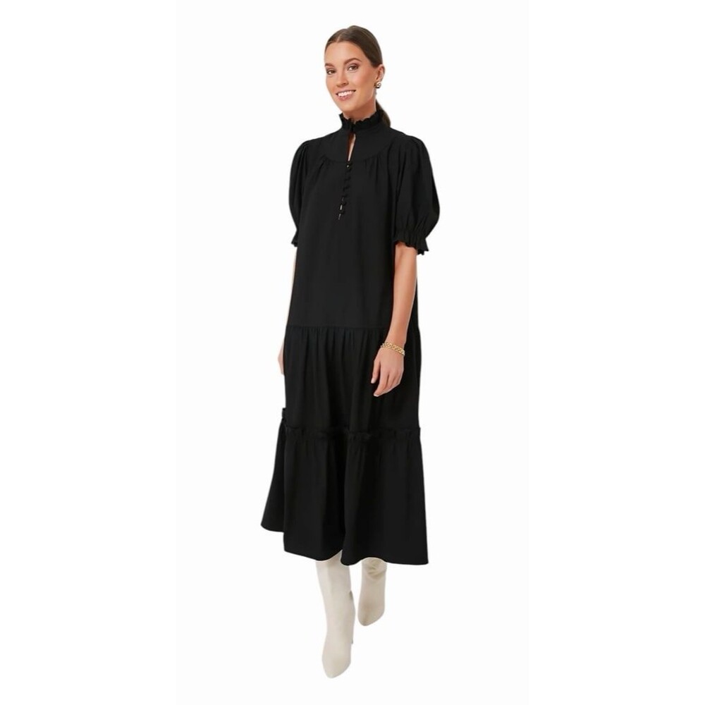 Pomander Place Black Tiered Maxi Dress M Ruffle Neck Puff Sleeve Cottagecore